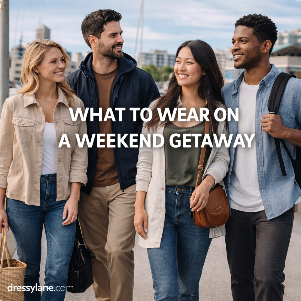 Men and women wearing casual, stylish outfits while walking outdoors on a weekend getaway.