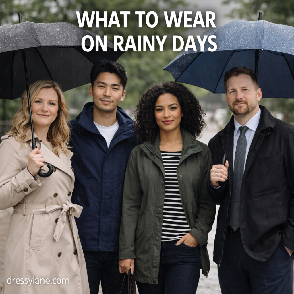 A diverse group of men and women wearing stylish rain-ready outfits, including coats and umbrellas, suitable for rainy days.