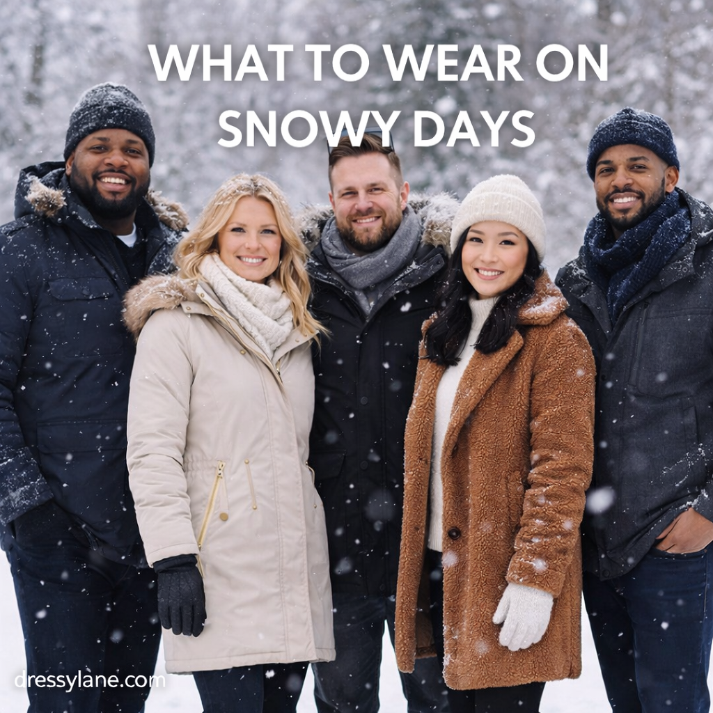 A diverse group of men and women wearing warm, stylish winter outfits suitable for snowy days, including coats, scarves, gloves, and hats.