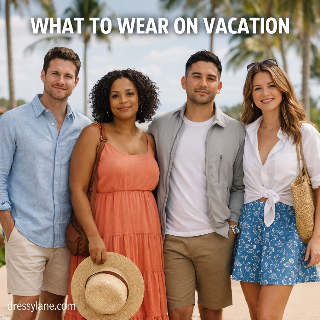A diverse group of men and women wearing stylish vacation outfits in a sunny tropical destination.