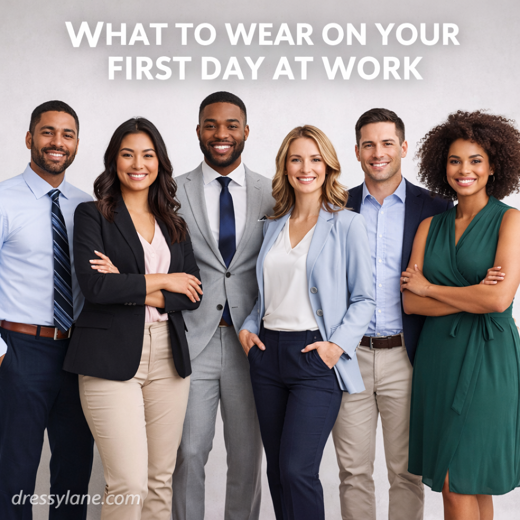 Men and women wearing professional first-day work outfits including blazers, dress shirts, trousers, and polished shoes in a modern office setting.