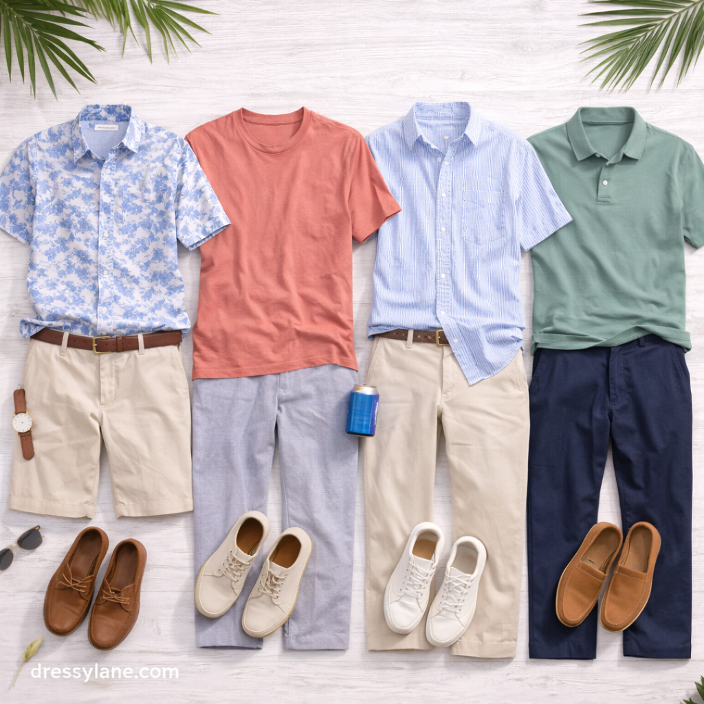Flat lay of men’s backyard party outfits featuring casual shirts, full-length pants, shorts, and comfortable summer footwear.