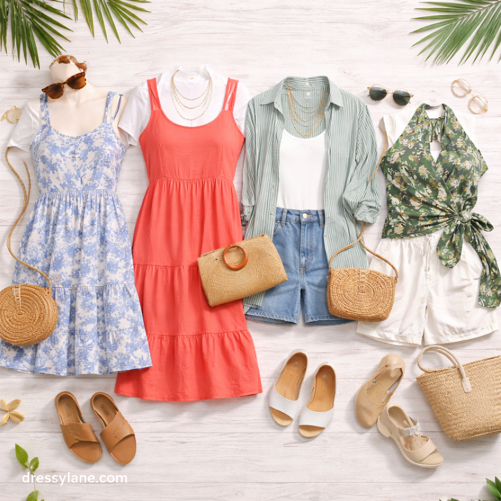 Flat lay of women’s backyard party outfits featuring summer dresses, casual separates, sandals, and woven accessories.