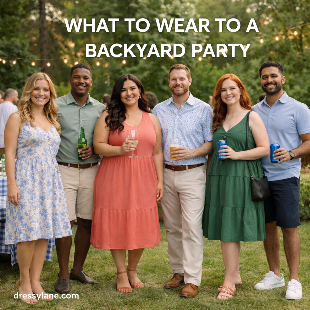 Group of men and women wearing casual summer outfits at a backyard party with string lights and greenery.