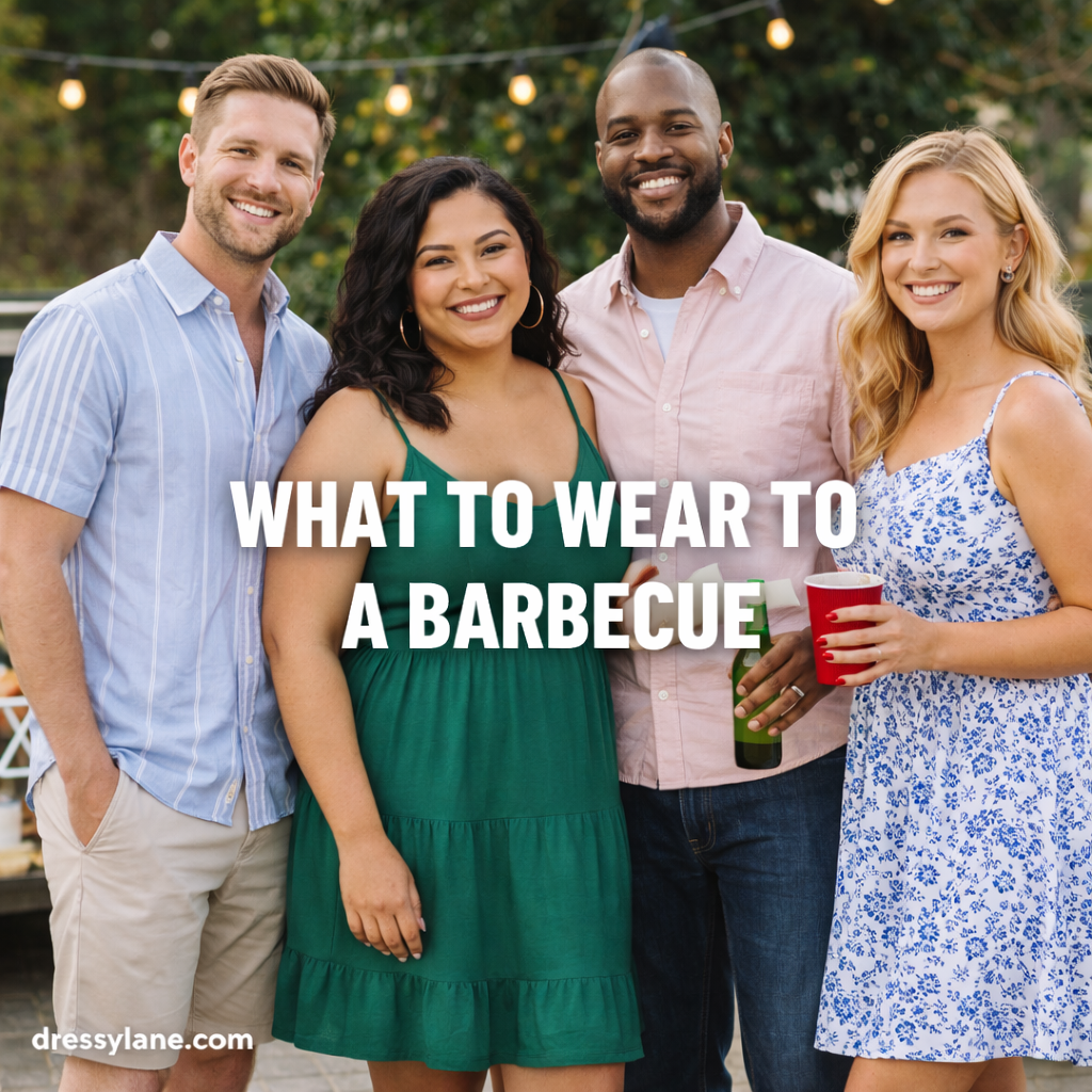 Casually dressed men and women standing together at an outdoor barbecue, showcasing relaxed and stylish warm-weather outfits.