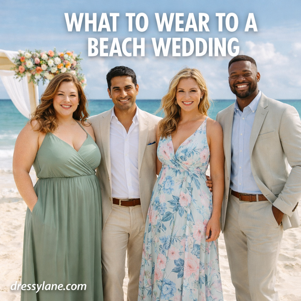Group of men and women wearing elegant beach wedding attire standing on a sandy beach with the ocean in the background.