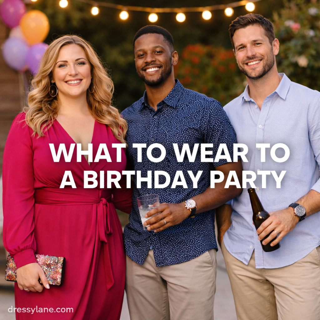 Stylish men and women dressed in party-appropriate outfits at an outdoor birthday celebration with string lights.