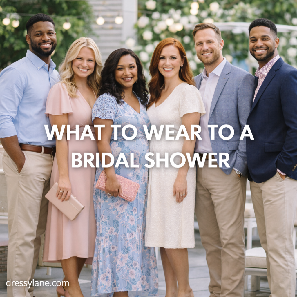 A diverse group of men and women wearing polished, semi-dressy outfits suitable for attending a bridal shower.