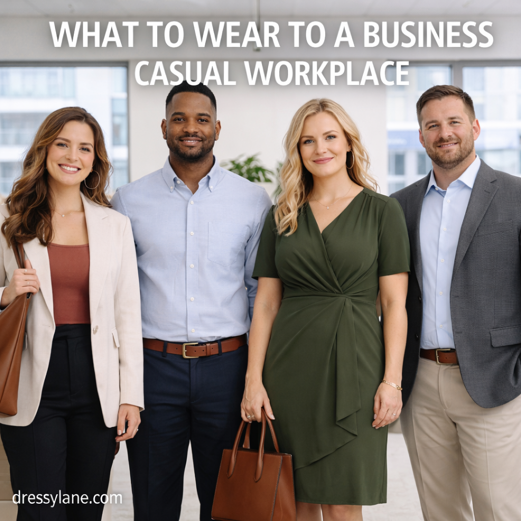 A diverse group of men and women dressed in polished business casual outfits suitable for a modern workplace.