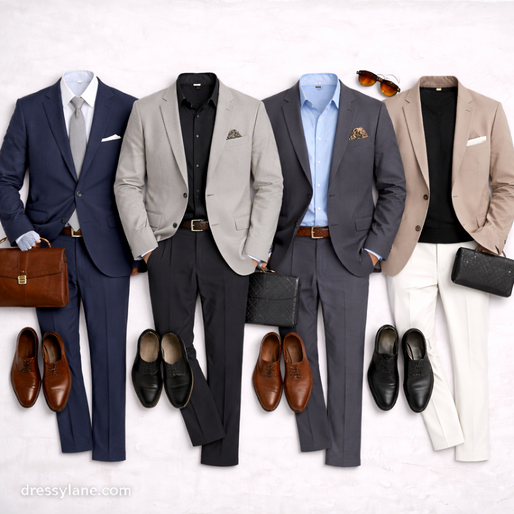 Flat lay of men’s business dinner outfits featuring tailored suits, blazers, full-length trousers, dress shirts, and polished leather shoes.