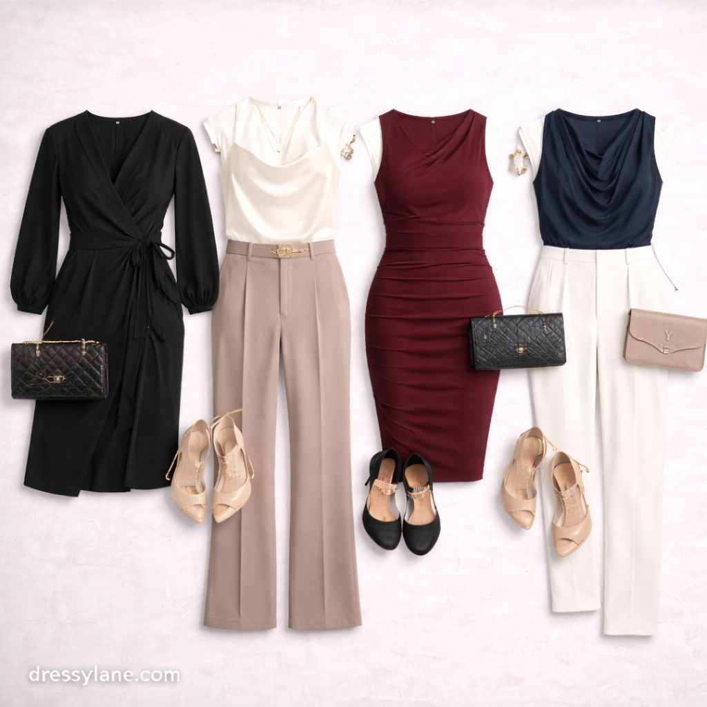 Flat lay of women’s business dinner outfits featuring elegant dresses, tailored trousers, refined tops, and polished evening accessories.
