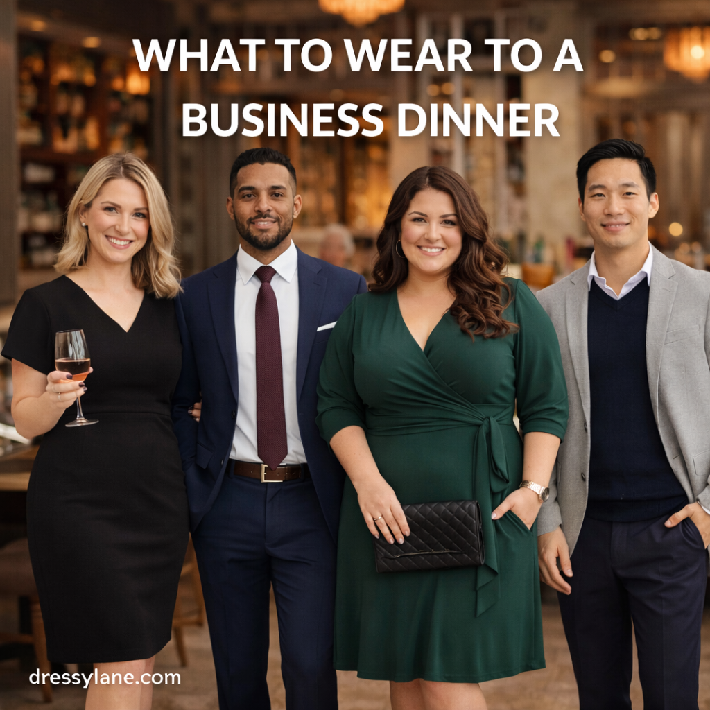 Diverse group of men and women wearing polished business dinner outfits in an upscale restaurant setting.