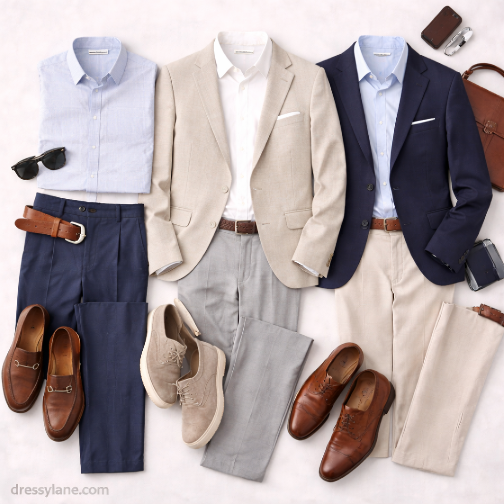 Flat lay of men’s business lunch outfits featuring tailored shirts, blazers, full-length trousers, and polished leather footwear.