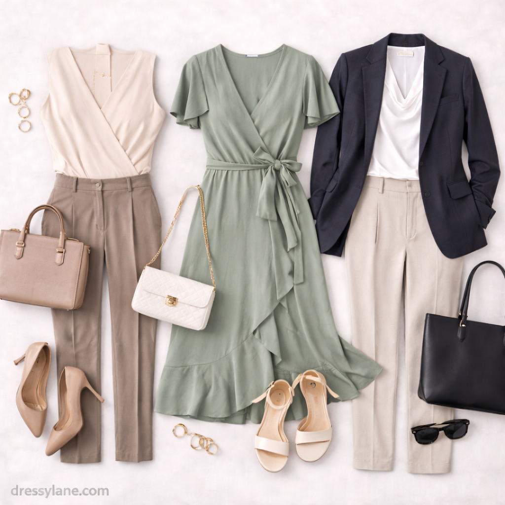 Flat lay of women’s business lunch outfits featuring polished tops, tailored pants, dresses, and professional accessories.