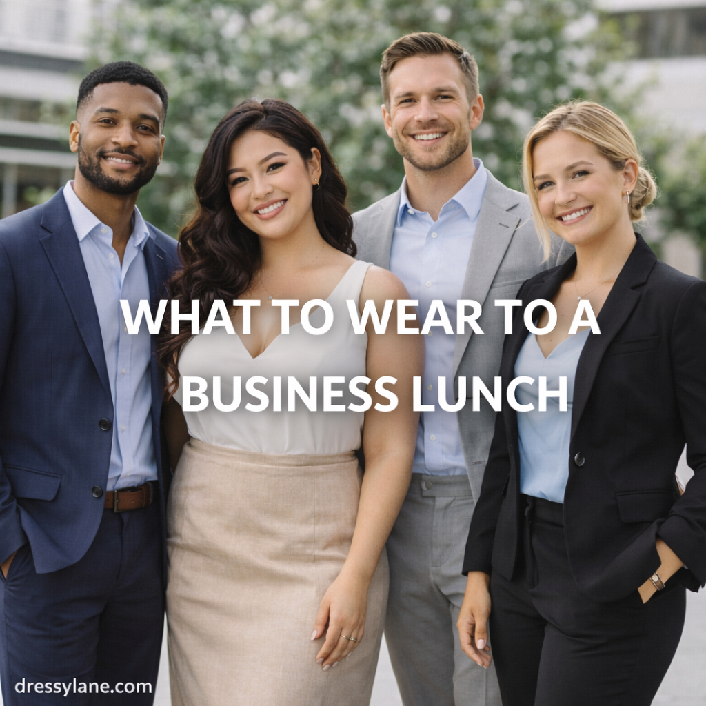 A diverse group of professionals wearing polished yet approachable outfits appropriate for a business lunch meeting.