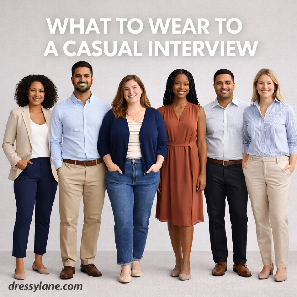 Group of men and women wearing polished casual interview outfits against a neutral studio background.