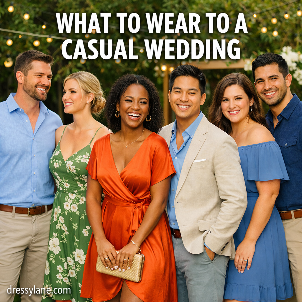 A stylish group of men and women wearing casual wedding guest outfits at an outdoor wedding setting.