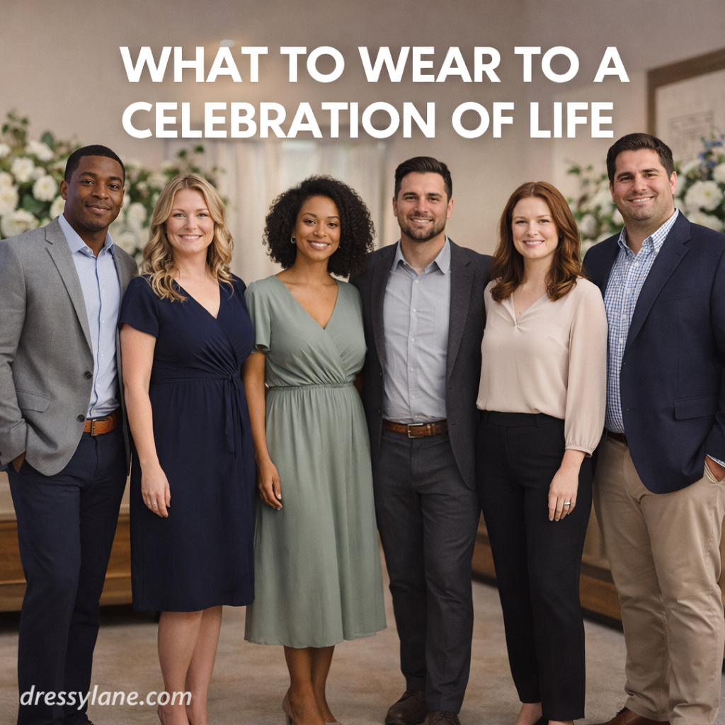 Group of men and women wearing respectful, polished outfits at a celebration of life event.