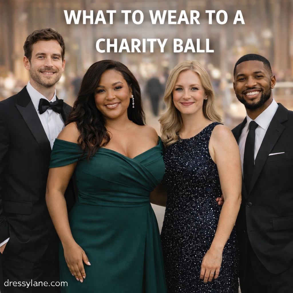 A diverse group of men and women dressed in elegant charity ball attire, featuring a stylish woman in a green evening gown alongside guests in formal black-tie outfits.
