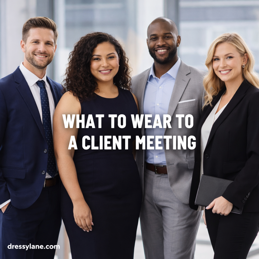 Professionally dressed men and women standing together in an office setting, showcasing confident and polished client meeting attire.