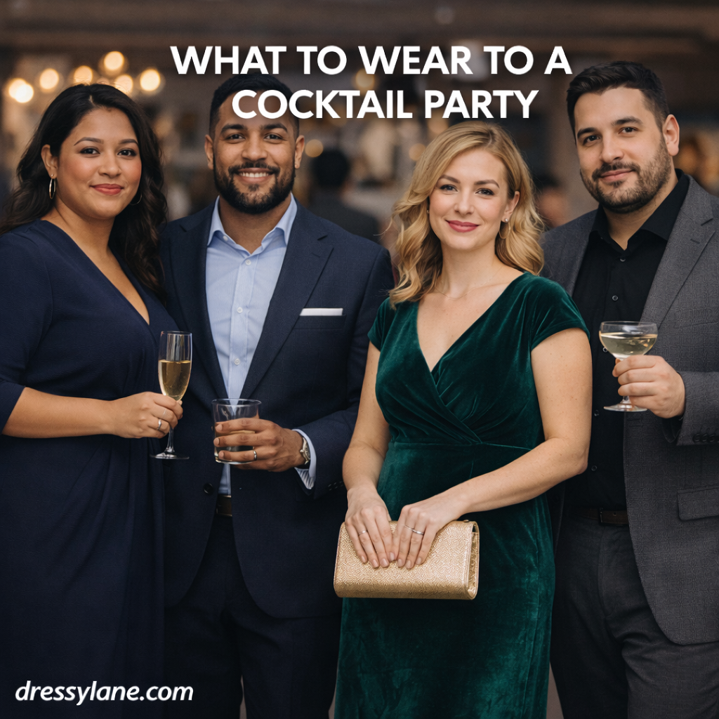 Men and women dressed in elegant cocktail party attire at a stylish evening social event.