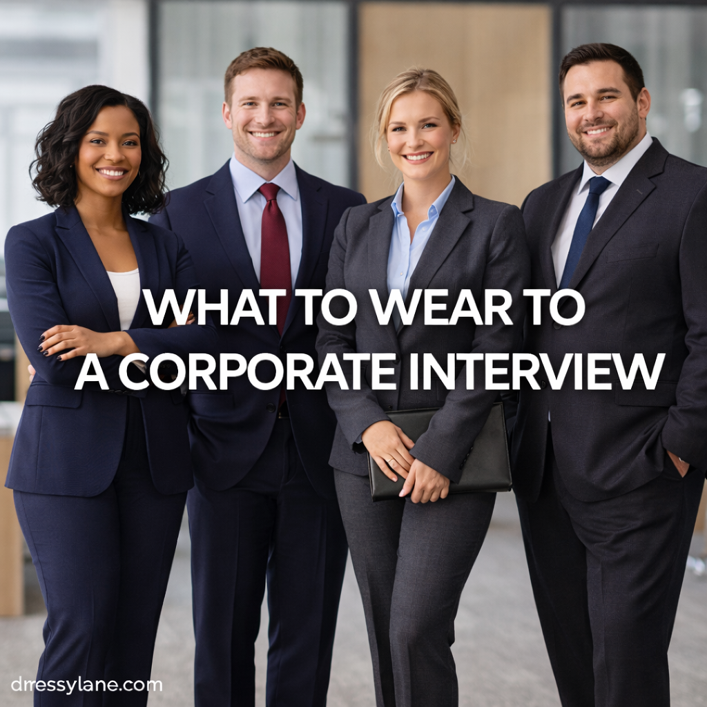 Men and women wearing professional business attire suitable for a corporate job interview in an office setting.