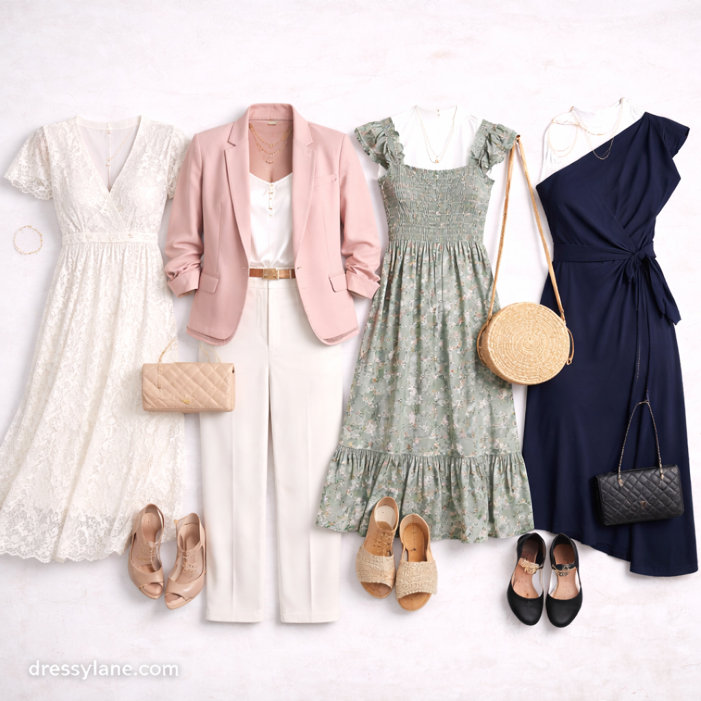 Flat lay of women’s courthouse wedding outfits featuring elegant dresses, tailored separates, and refined accessories in soft neutral tones.