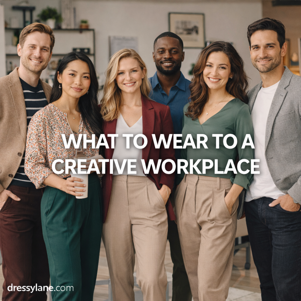 Men and women wearing stylish, creative workplace outfits in a modern office setting.