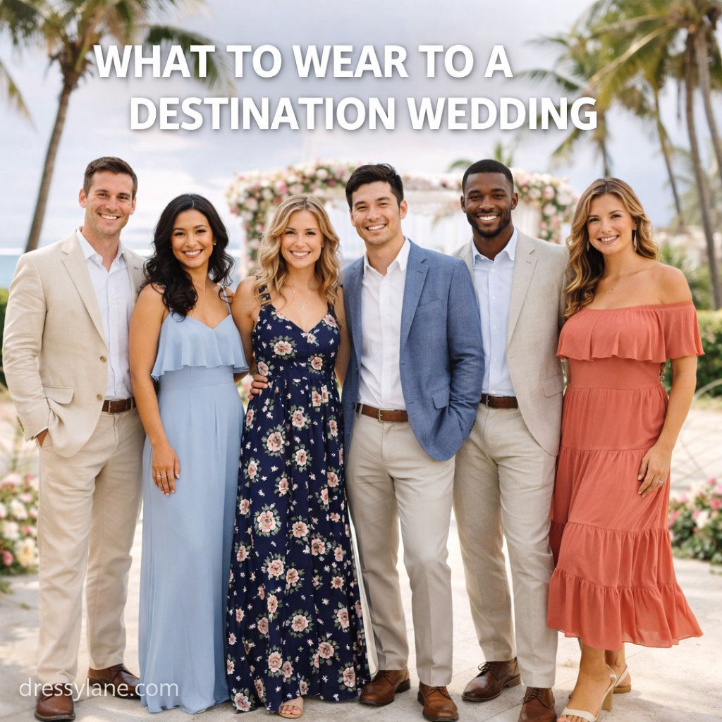A diverse group of men and women dressed in elegant, destination-appropriate wedding guest outfits at a tropical outdoor wedding setting.