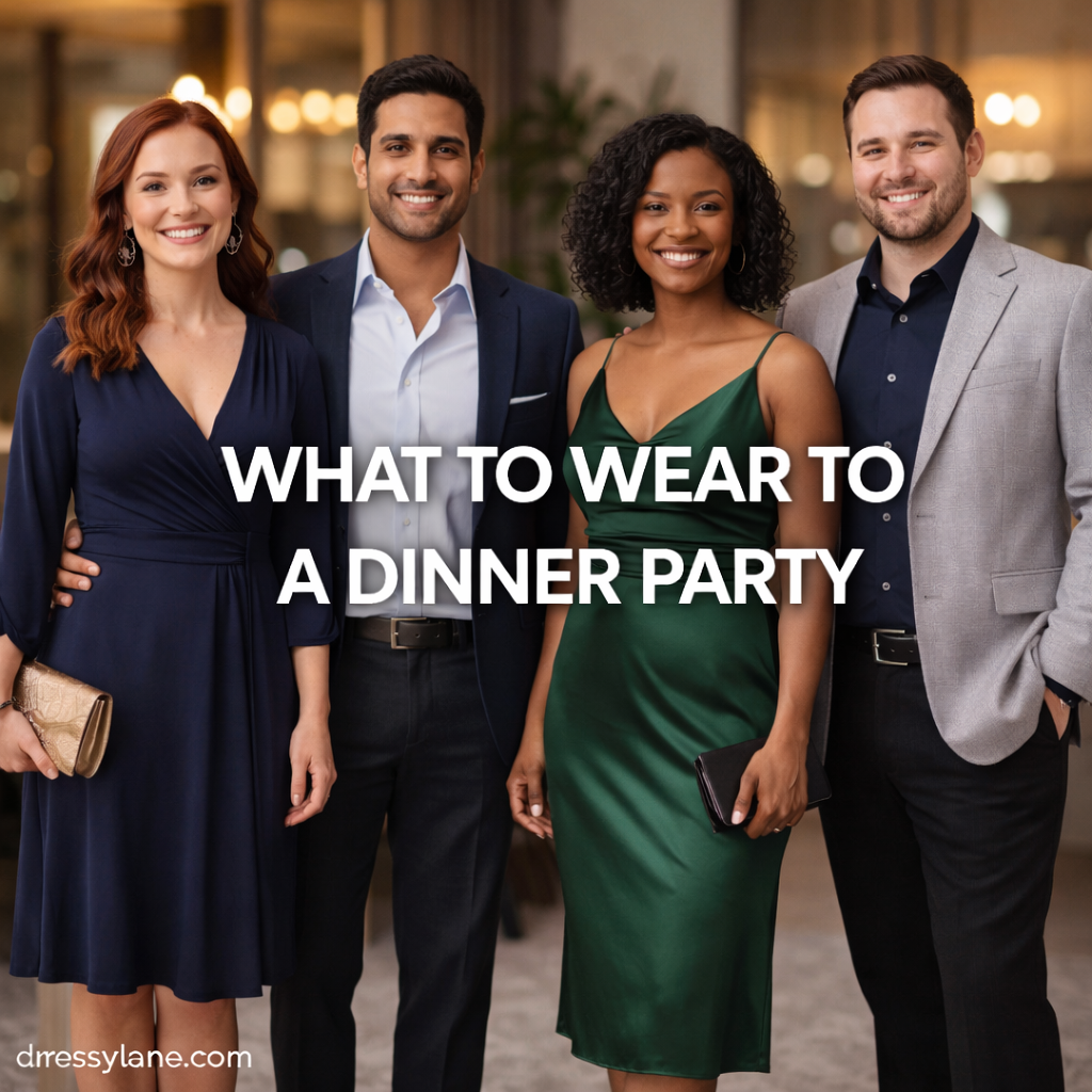 Men and women dressed in stylish dinner party outfits standing together in an elegant indoor dining setting.