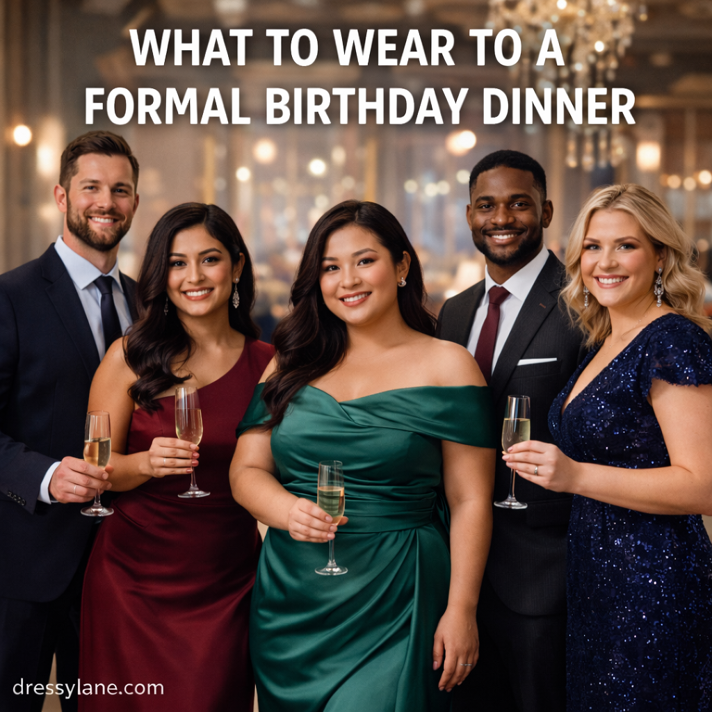 A diverse group of men and women dressed in elegant formal birthday dinner attire, featuring a confident woman with a curvier build in a green evening dress.
