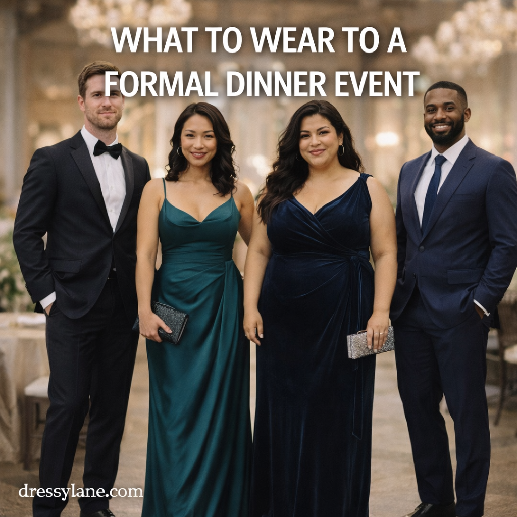 A diverse group of men and women dressed in elegant formal dinner attire, including a curvy woman wearing a floor-length evening gown.