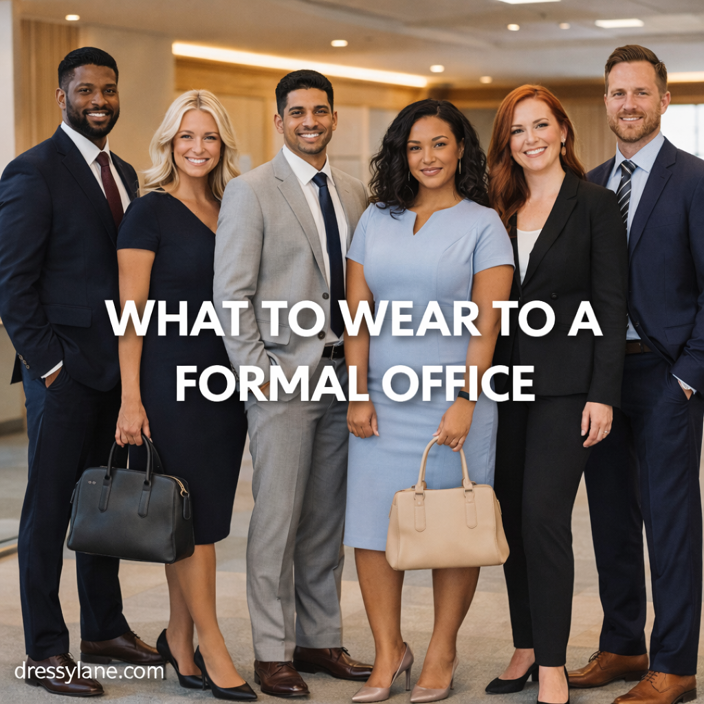 A diverse group of men and women dressed in polished, professional attire suitable for a formal office environment.