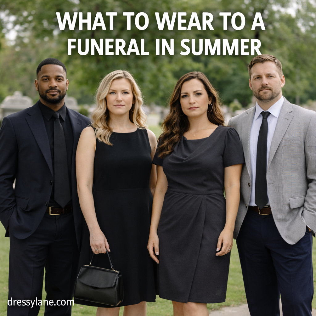 A diverse group of men and women dressed in respectful, lightweight outfits appropriate for attending a funeral in summer.