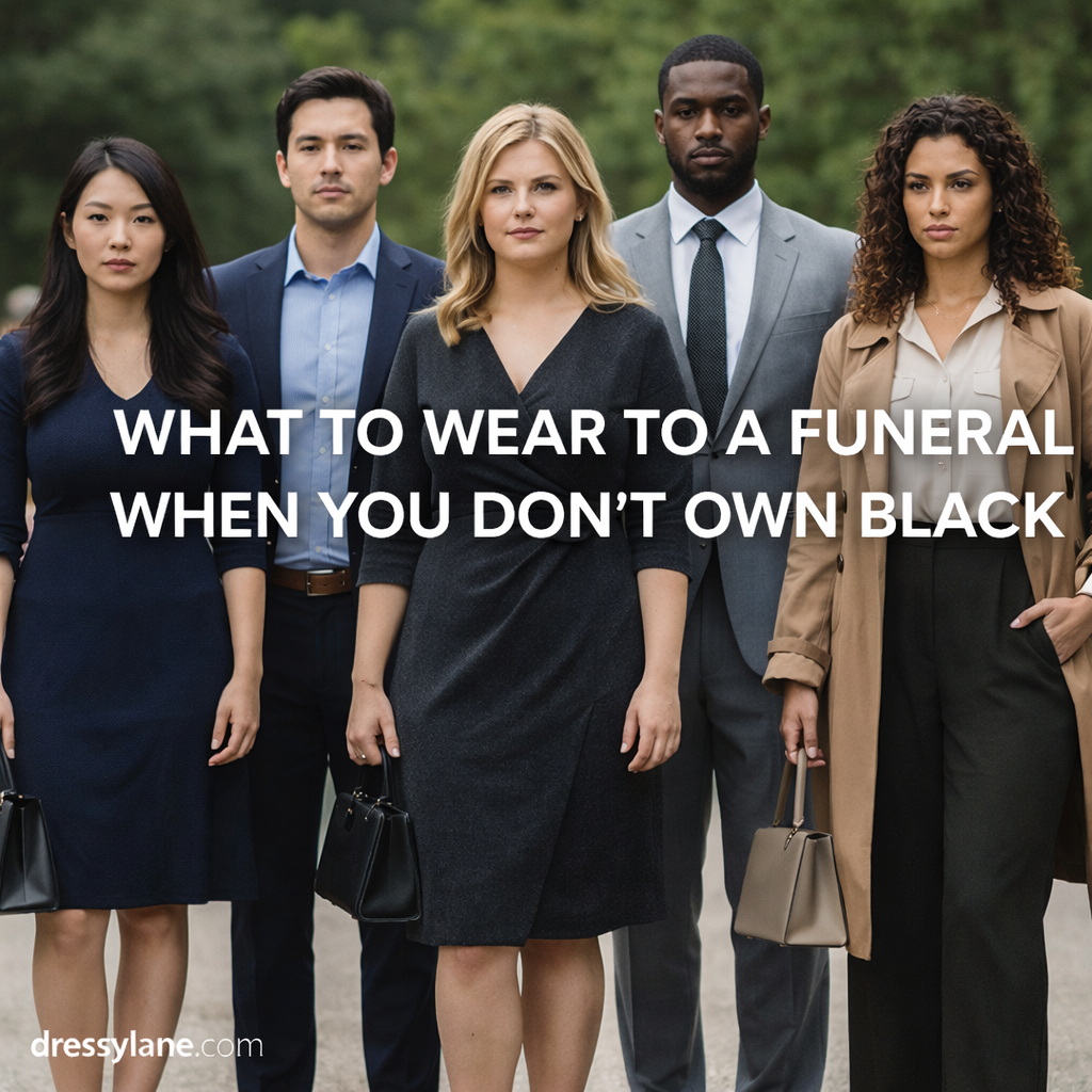 Men and women wearing respectful funeral outfits in neutral colors, showing what to wear to a funeral when you don’t own black.