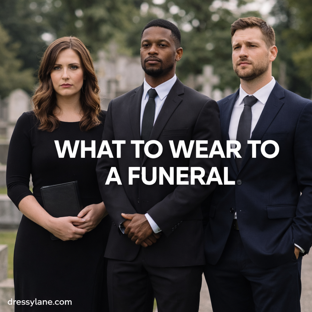 Men and women dressed in respectful funeral attire standing at a cemetery during a solemn service.