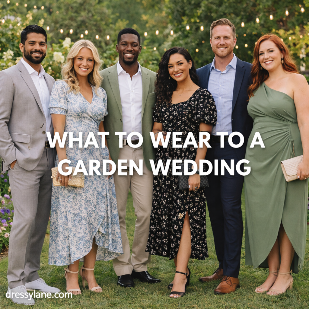A diverse group of men and women dressed in elegant garden wedding guest outfits standing outdoors in a floral garden setting.
