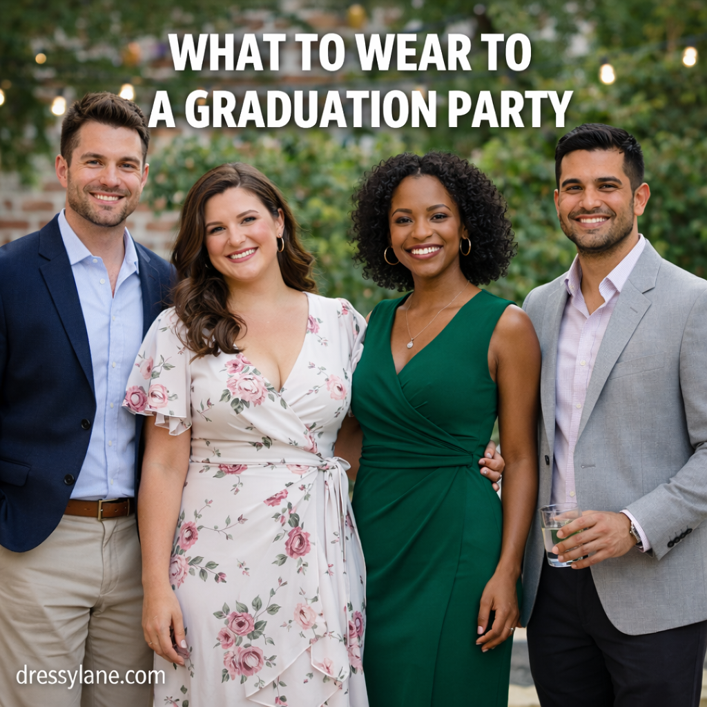 A diverse group of men and women dressed in stylish outfits appropriate for attending a graduation party.