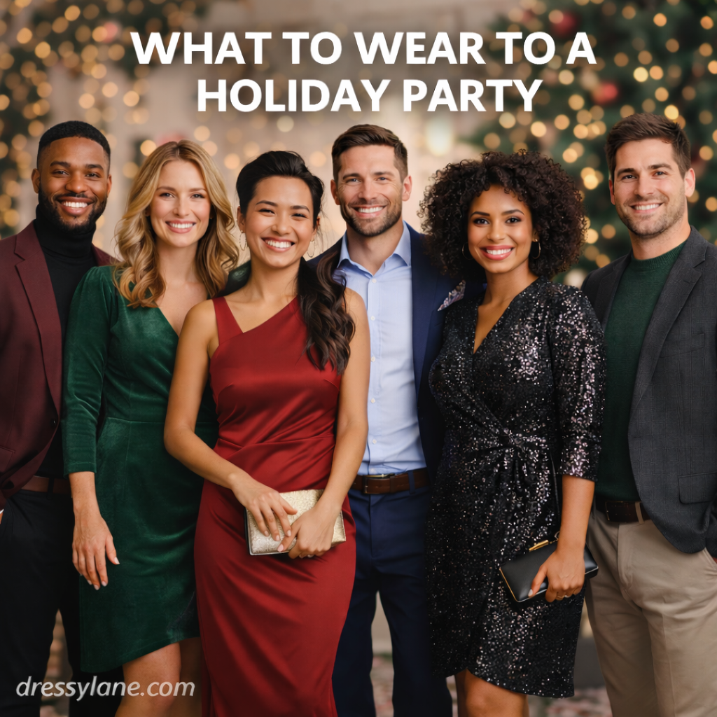 Diverse group of men and women in festive holiday party outfits.