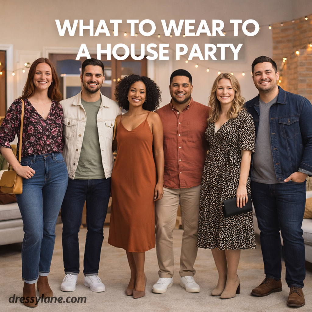 Group of men and women wearing stylish casual outfits at a house party in a cozy indoor setting.