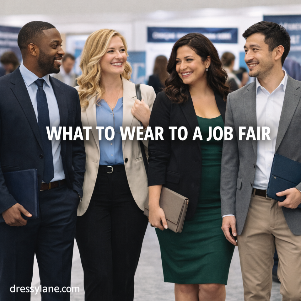 Diverse group of professionally dressed men and women attending a job fair and networking with employers.