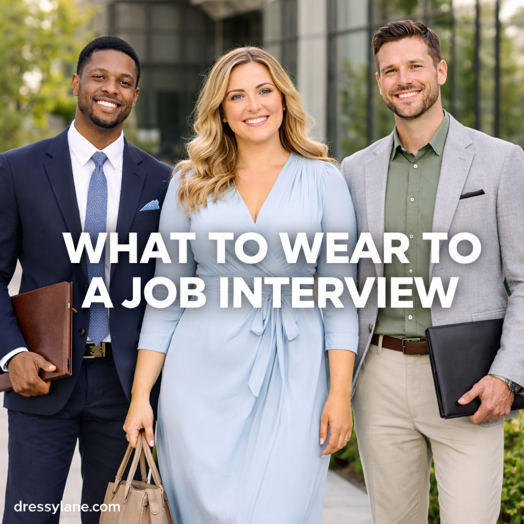 Professional men and women dressed in business attire standing outside a modern office building for a job interview.