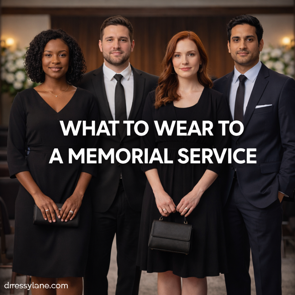 Men and women dressed in respectful memorial service attire standing together in a subdued indoor setting.