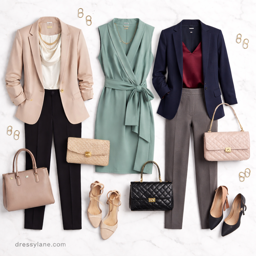 Flat lay of women’s professional networking outfits featuring neutral and darker business attire suitable for networking events.