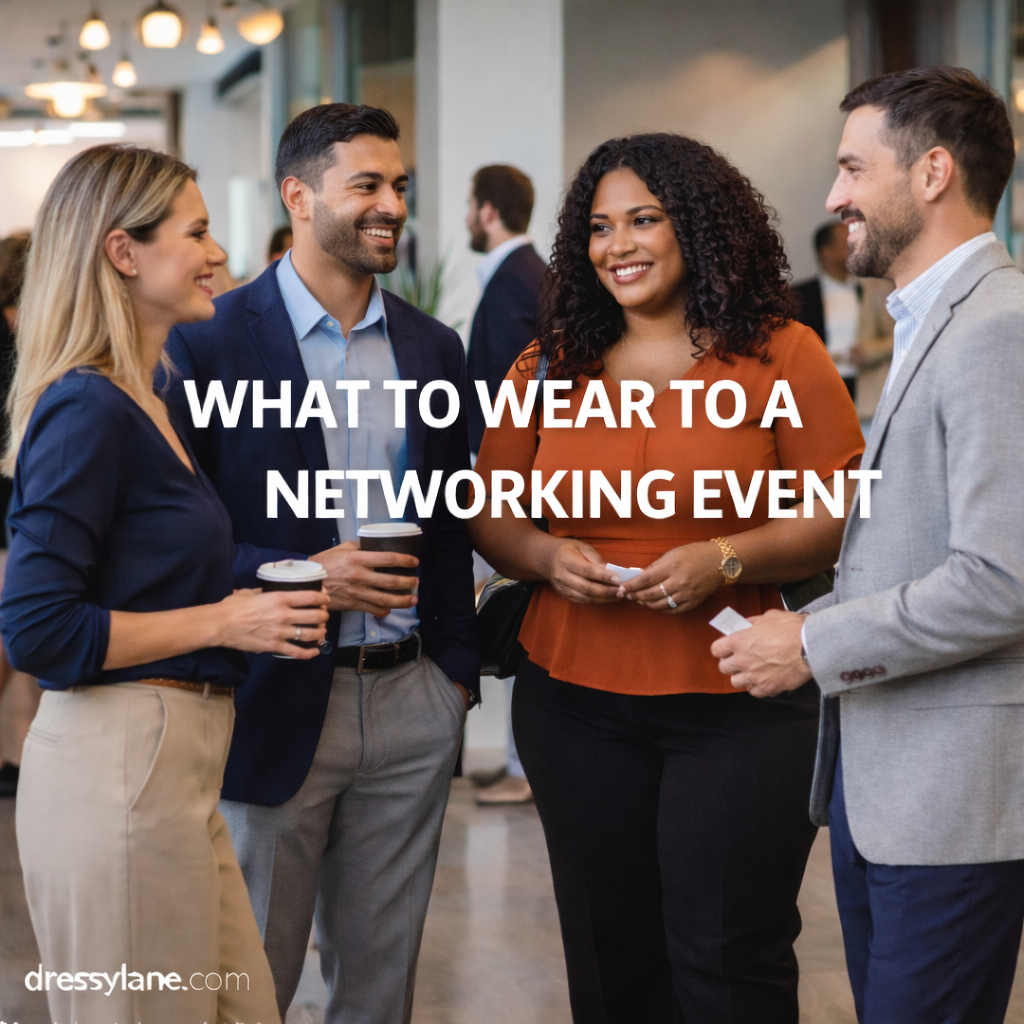 Professionals networking at a business event wearing polished, business-appropriate outfits.