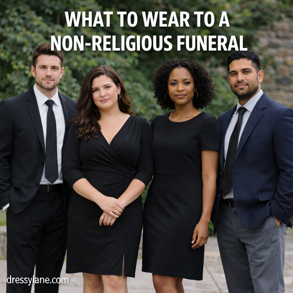 A diverse group of men and women dressed in respectful, understated outfits appropriate for attending a non-religious funeral.