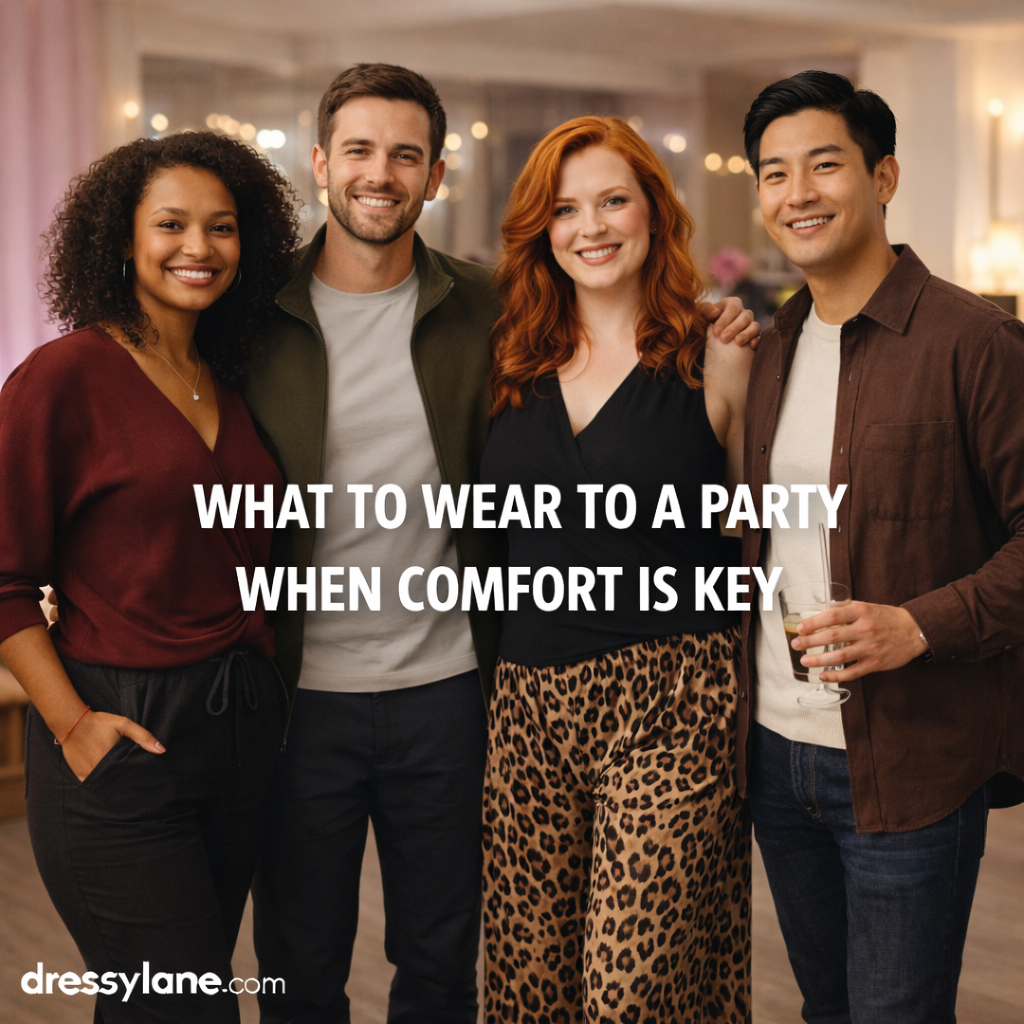 Diverse group of men and women wearing comfortable yet stylish party outfits, showing relaxed, confident looks suitable for social events where comfort is a priority.