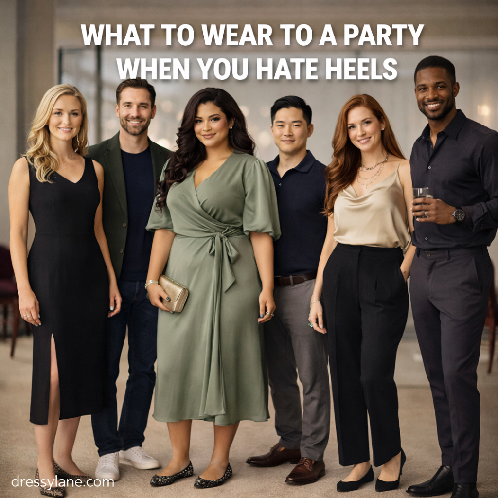 Group of men and women wearing stylish party outfits with flat and low-profile shoes in a modern social setting.