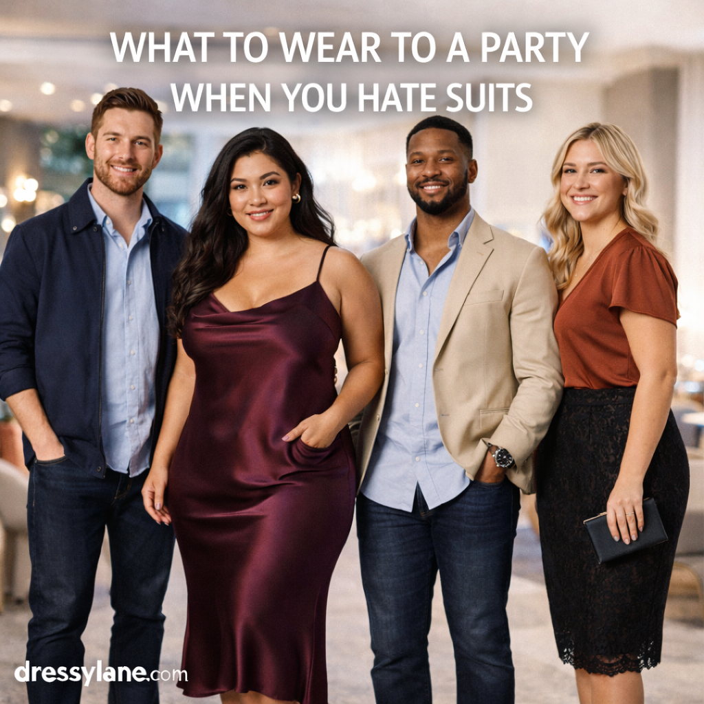Group of men and women wearing stylish party outfits without suits, showing comfortable and polished alternatives for social events.