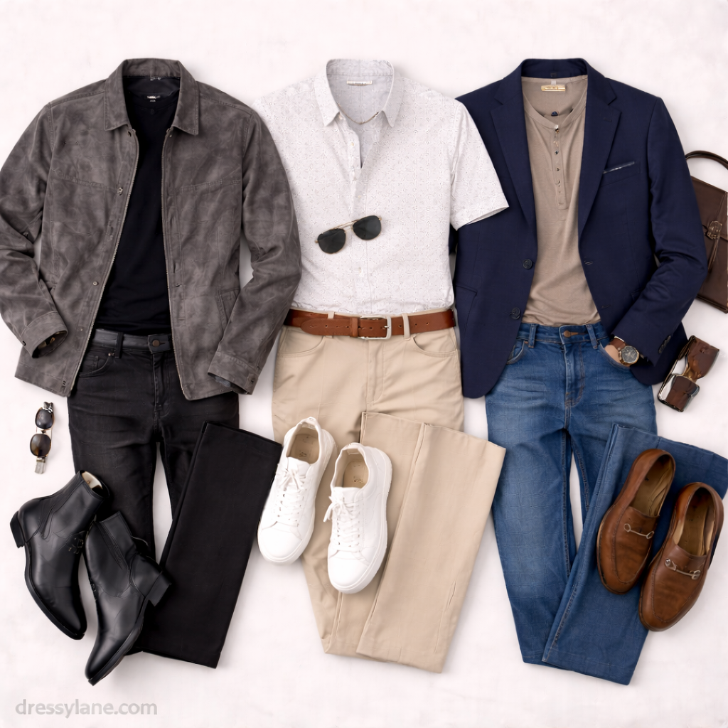 Flat lay of men’s party outfits featuring versatile jackets, shirts, full-length pants, and stylish footwear suitable for mixed social settings.